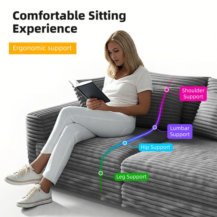 Plush Corduroy 4 Seat Sofa With Soft Pillows And Movable Ottoman