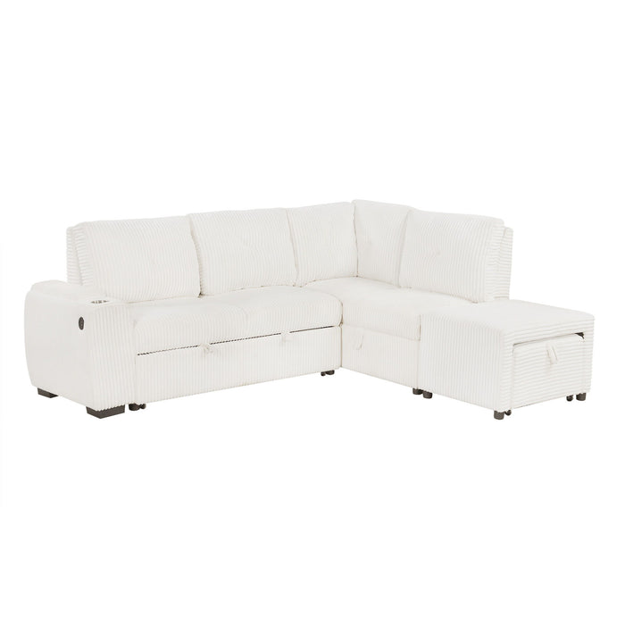 Pull-Out L-Shaped Sectional Sofa With Movable Ottoman And Stool, Large Storage Space, A Cup Holder, And 2 USB Ports For Living Room