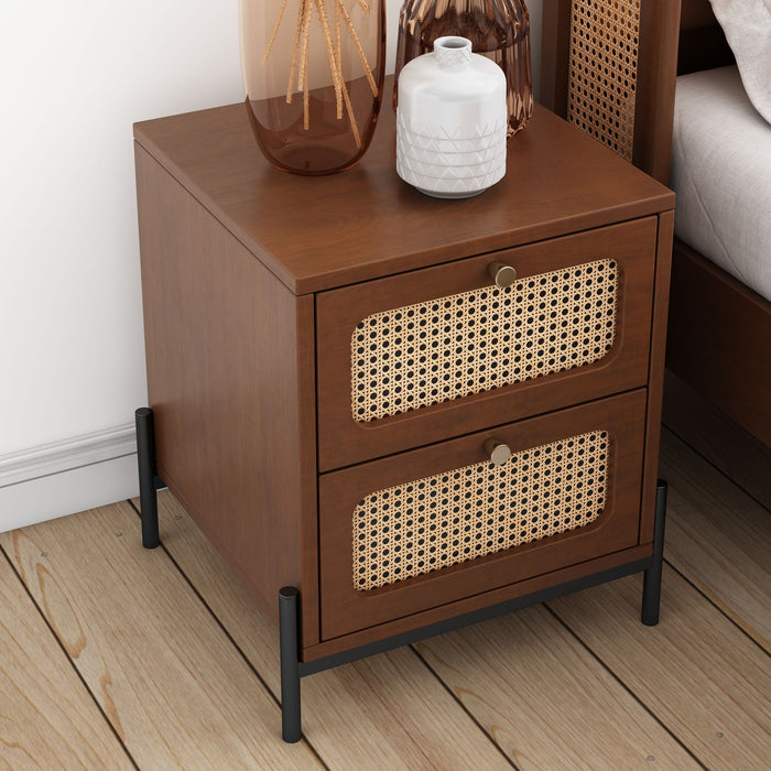 Modern Cannage Rattan Wood Closet 2-Drawer Side Table End Table Nightstand For Bedroom, Living Room, Entryway, Hallway, Walnut