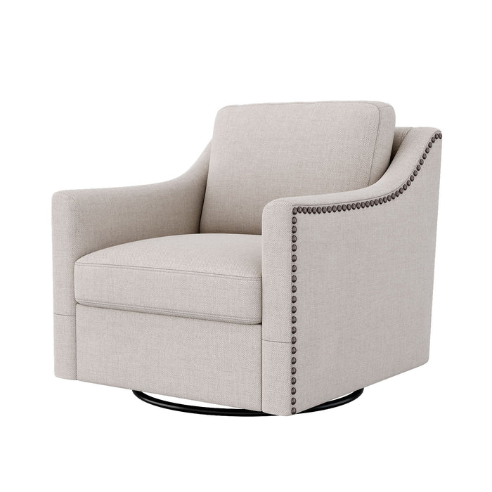 360 Degree Swivel Armchair, Skin Friendly Fabric, Ergonomic Design, Brass Nail Decorative Armchair