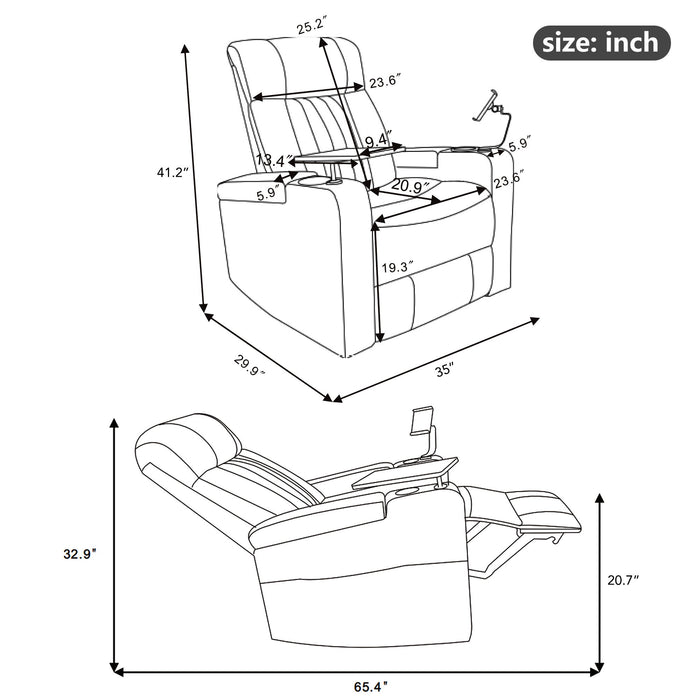Power Recliner With Storage Arms, Cupholders, Swivel Tray Table And Cell Phone Stand - Brown