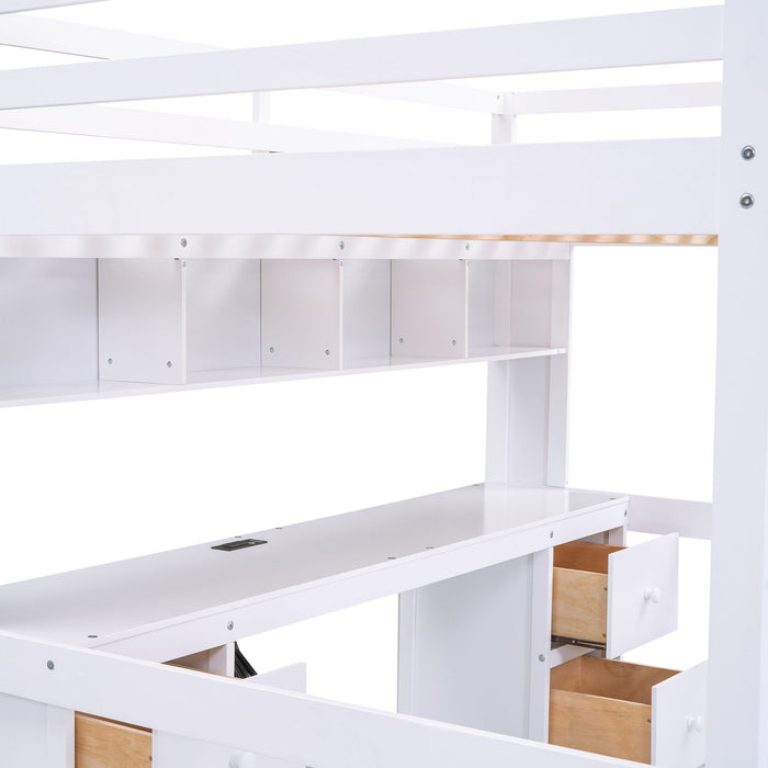 Loft Bed With Desk, Cabinets, Drawers, Charging Station And Bedside Tray