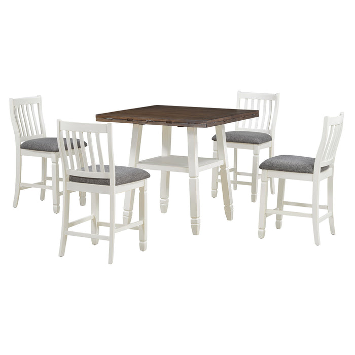 Trexm 5 Piece Counter Height Dining Table Set In 2 Table Sizes With 4 Folding Leaves And 4 Upholstered Chairs For Dining Room (Espresso / White / Gray Cushion)