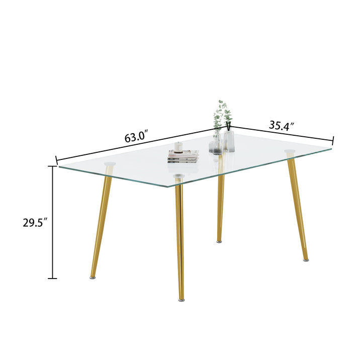0.32" Thick Tempered Glass Top Dining Table With Gold Stainless Steel Legs