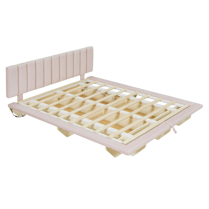 Upholstered Floating Hydrualic Platform Bed With LED Light And USB Port