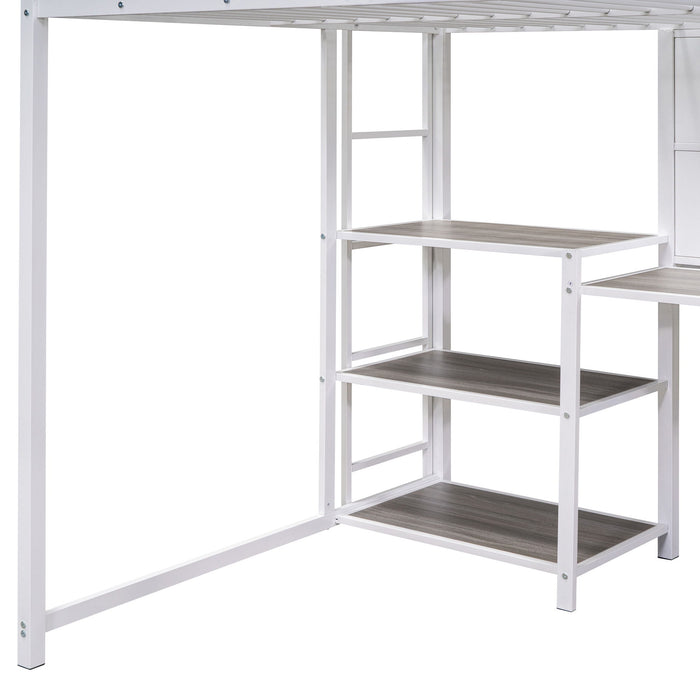 Metal Loft Bed With Desk, 3 Shelves And Ladder