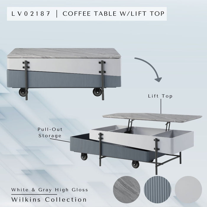 Acme Wilkins Coffee Table Width / Li Feet Top, White & Gray High Gloss Finish