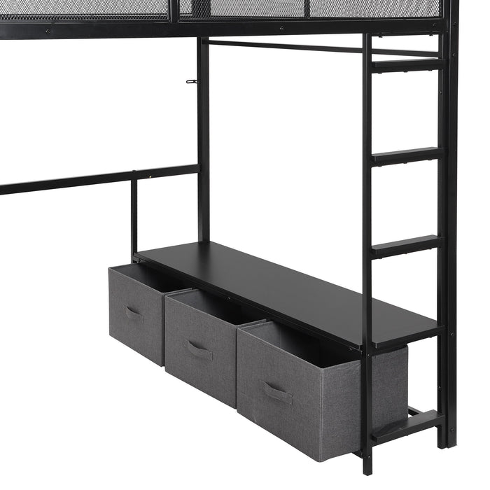 Full Size Gaming Loft Bed With LED Desk, Open Wardrobe, 3 Linen Storage Drawers - Black