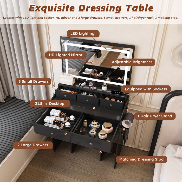 Modern Makeup Vanity Set With Power Outlet, Hair Dryer Holder, And Adjustable Lighting