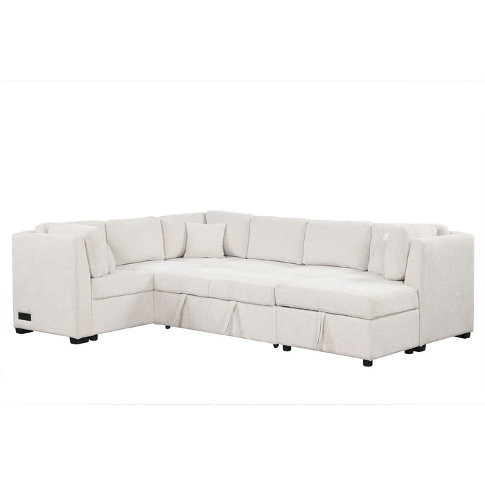 U-Shaped Sectional Sofa Pull Out Sofa Bed With Two USB Ports, Two Power Sockets, Three Back Pillows And A Storage Chaise For Living Room
