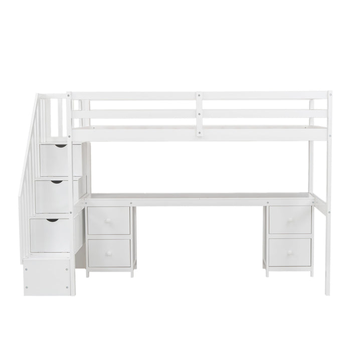 Loft Bed Frame With Built In Desk And Double Storage Drawers