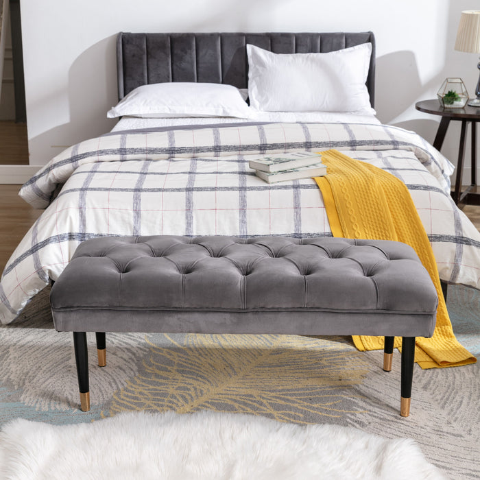 Tufted Bench Modern Velvet Button Upholstered Ottoman Enches Bedroom Rectangle Fabric Footstool With Metal Legs For Living Room Entryway, Gray