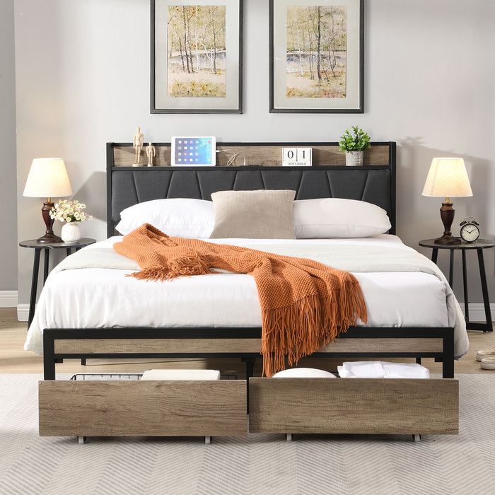 Modern Platform Bed Frame With Upholstered Storage Headboard, USB Ports