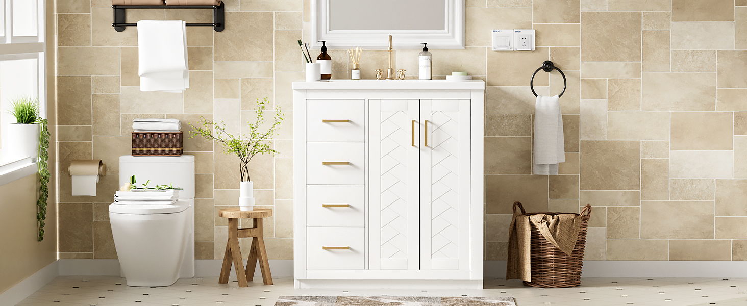 Ceramic Sink Combo, Freestanding Vanity Set With 3 Drawers & Soft Closing Doors