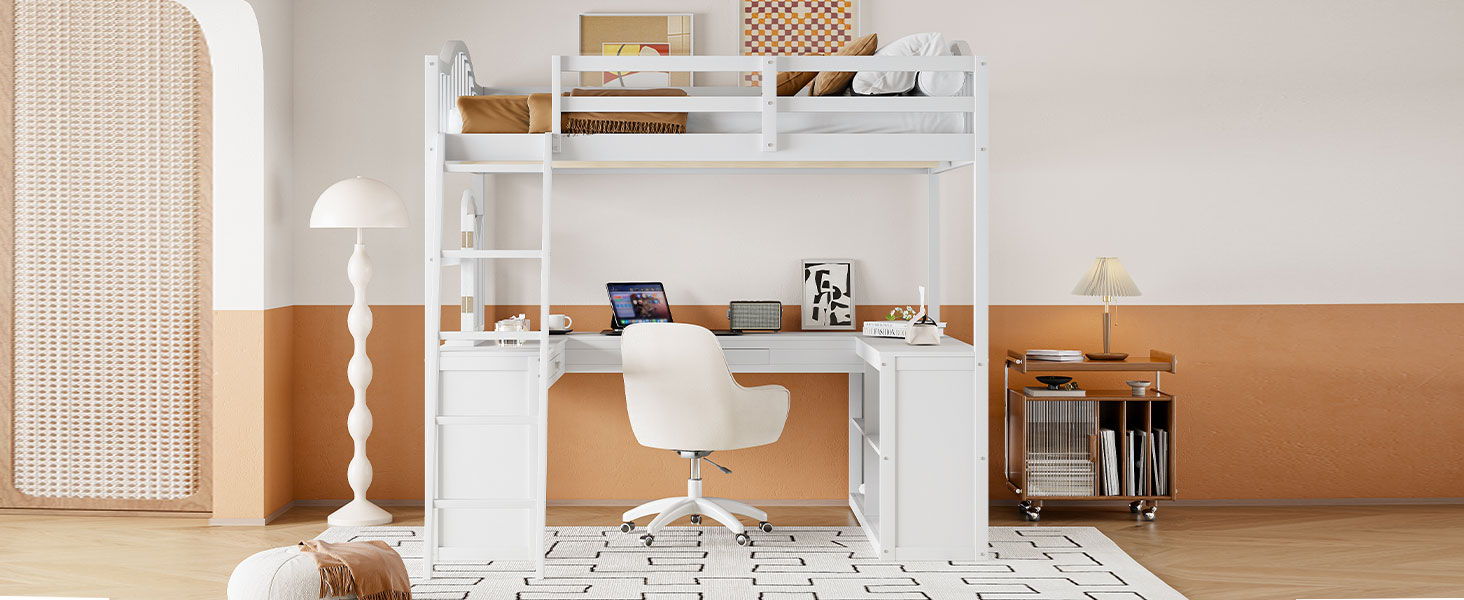 Loft Bed With Drawers, Cabinet, Shelves With Desk