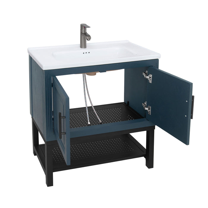 Modern Freestanding Bathroom Vanity With Ceramic Sink, Hot And Cold Faucet, Storage Cabinet & Open Shelf