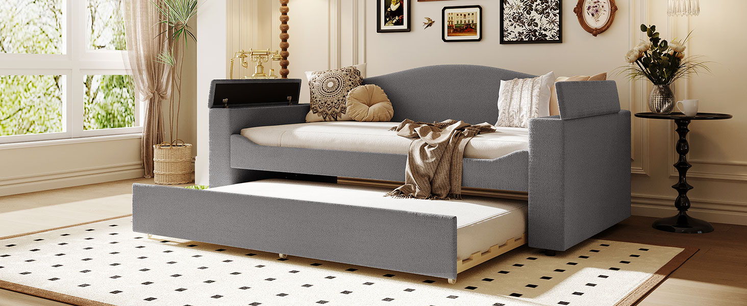 Upholstered Daybed With Storage Armrests, Trundle And Latest Integrated Bluetooth Audio System