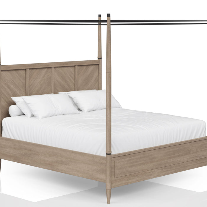 Queen Canopy Bedroom Set With A 2 Drawer Nightstand A Dresser With Poster Mirror And A Door Chest - Sand
