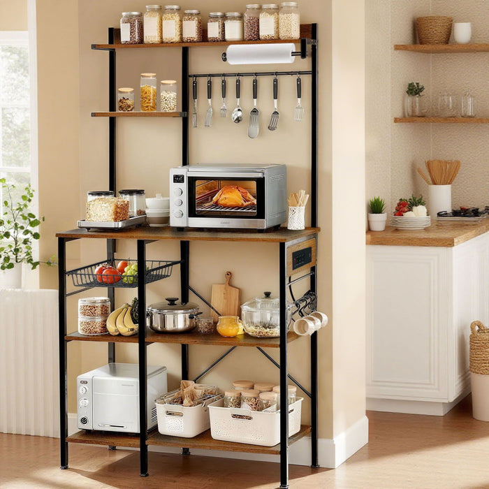 Bakers Rack With Power Outlet, Coffee Bar With S-Shaped Hooks, Kitchen Shelf With Wire Basket - Black / Brown