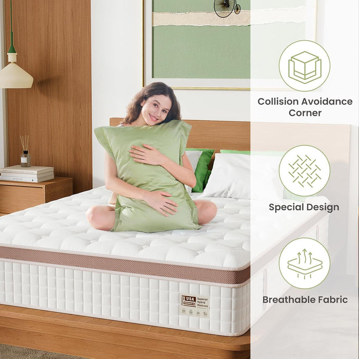 14" , Firm Hybrid Mattress, Gel Memory Foam & Pocket Springs, Pressure Relief, Motion Isolation, Ergonomic Bed - White - King