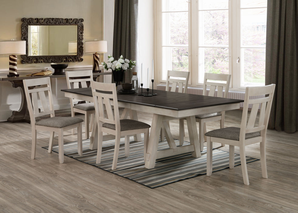 7 Pieces Cottage Style Extendable Dining Table Set Chalk Gray Tow Tone Finish Upholstered Chair Dining Room Wooden Furniture Two Self - Storing Refectory Leaves Solid Wood