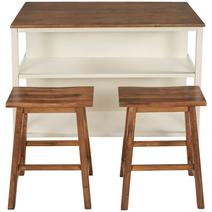 Rustic 3 Piece Stationary Kitchen Island Set With 2 Seatings, With 2 Open Shelves