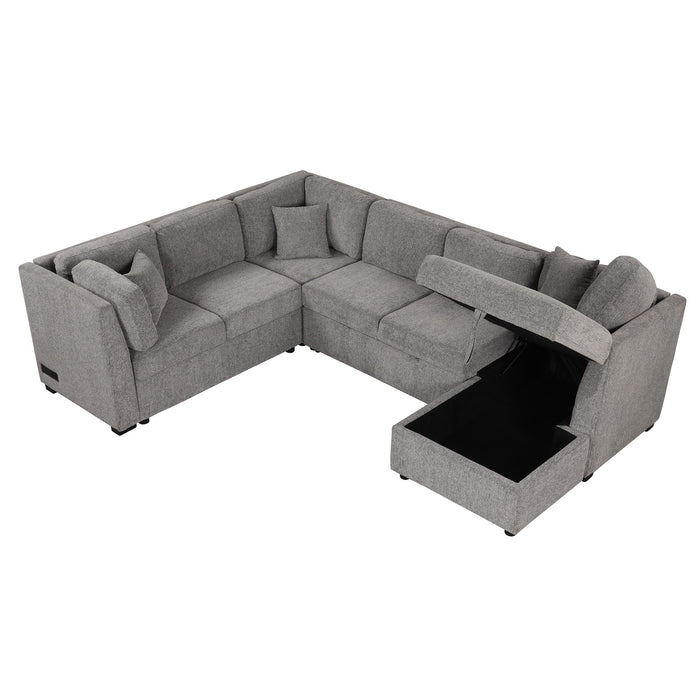 108. 6" U-Shaped Sectional Sofa Pull Out Sofa Bed With Two USB Ports, Two Power Sockets, Three Back Pillows And A Storage Chaise For Living Room, Light Gray