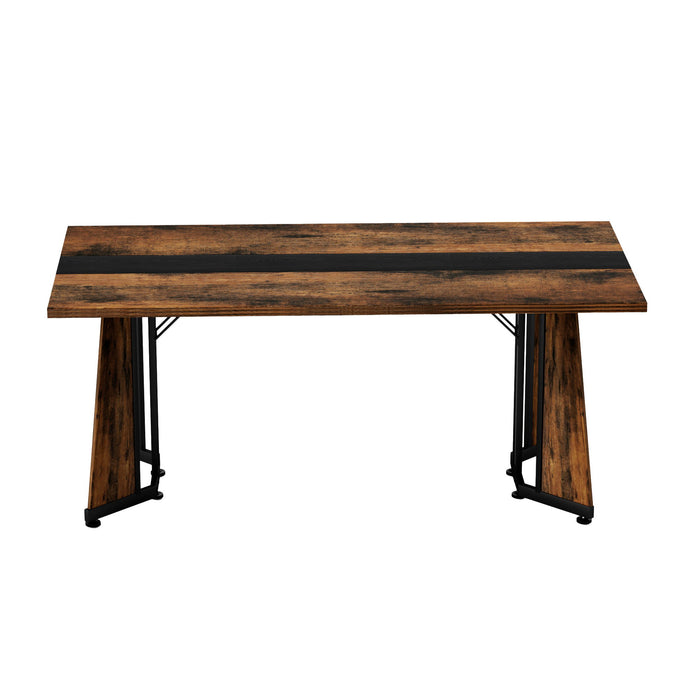 Rustic Rectangular Large Dining Table, Waterproof Desk For 8 People, & Steel With Adjustable Legs - Black / Rustic Brown