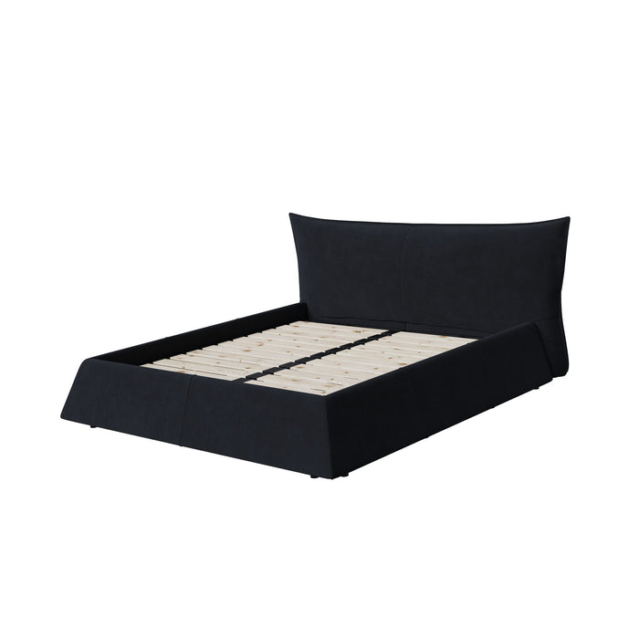 Upholstered Platform Bed With Special Shaped Velvet Headboard