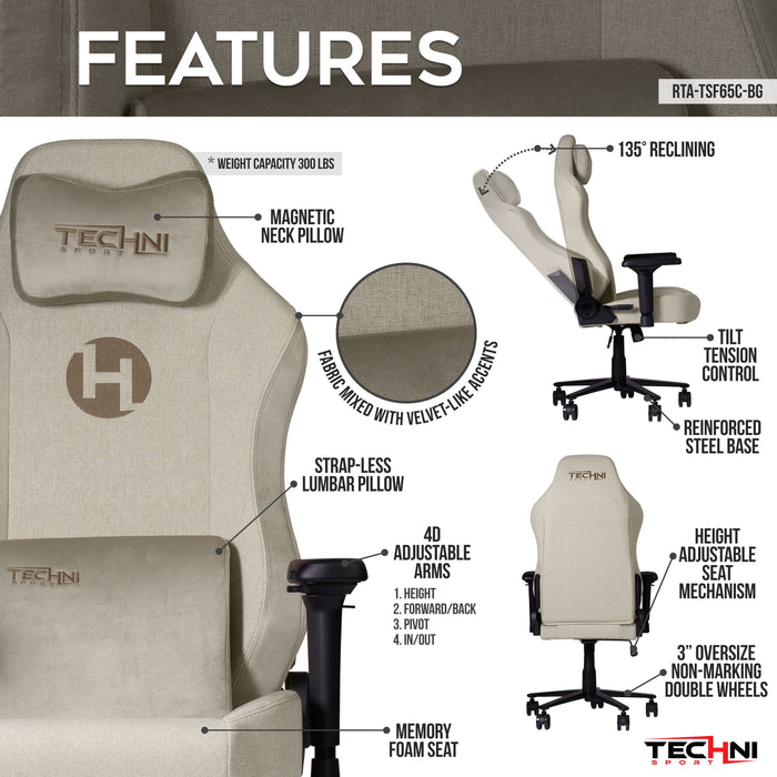 Techni Sport Fabric Memory Foam Gaming Chair Beige