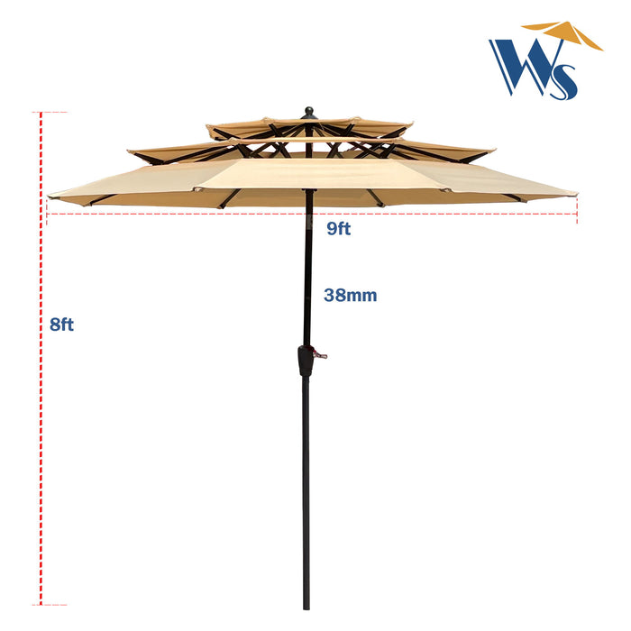 9 Ft 3-Tiers Outdoor Patio Umbrella With Crank And Tilt And Wind Vents For Garden Deck Backyard Pool Shade Outside Deck Swimming Pool - Tan
