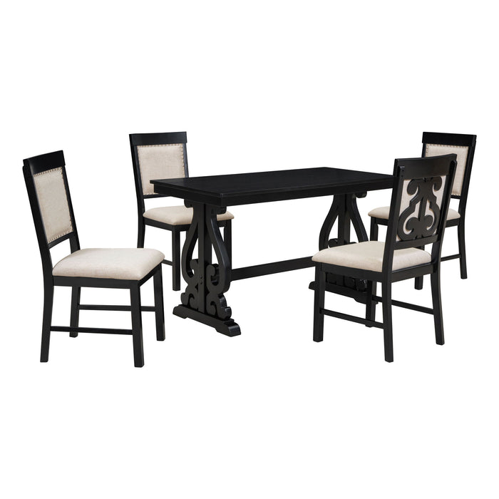 Trexm 5 Piece Retro Dining Set, Rectangular Wooden Dining Table And 4 Upholstered Chairs For Dining Room And Kitchen (Black)