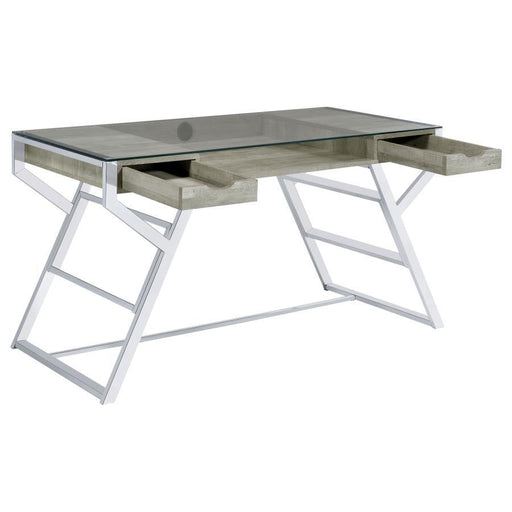Emelle - 2-Drawer Glass Top Writing Desk - Gray Driftwood And Chrome Unique Piece Furniture