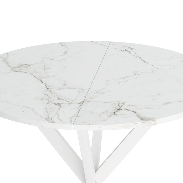 Modern Cross Leg Round Dining Table, White Marble Top Occasional Table, Two Piece Removable Top, Matte Finish Iron Legs