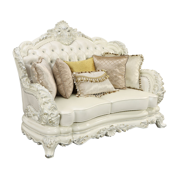 Acme Adara Loveseat With 5 Pillows Pearl White PU & Antique White Finish