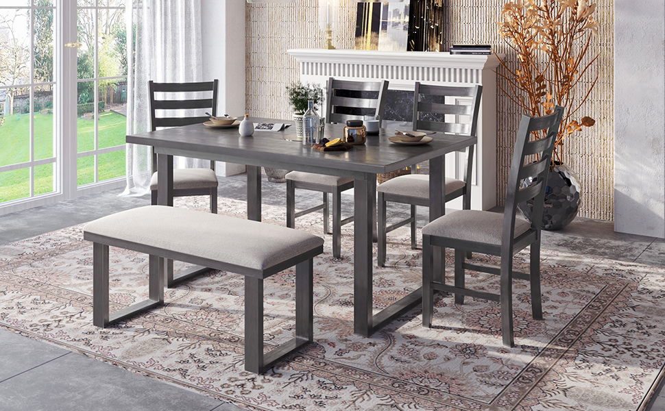 Trexm 6 Pieces Family Furniture, Solid Wood Dining Room Set With Rectangular Table & 4 Chairs With Bench - (Gray)