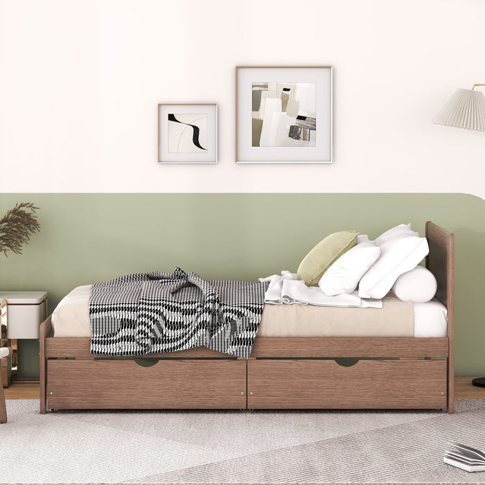 Modern Design Twin Size Platform Bed Frame With 2 Drawers Of Walnut Color