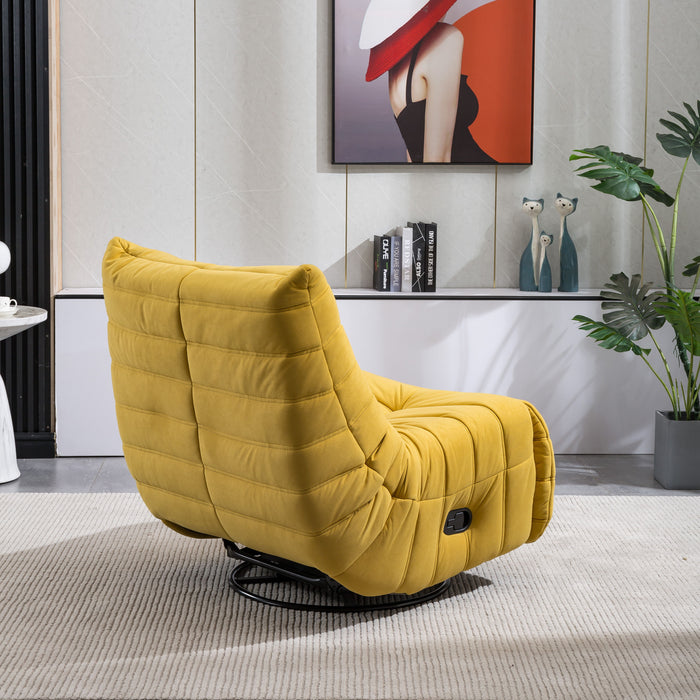 Swivel And Rocking Velvet Recliner, Reclining Chair With Adjustable Footrest And Side Pocket - Yellow