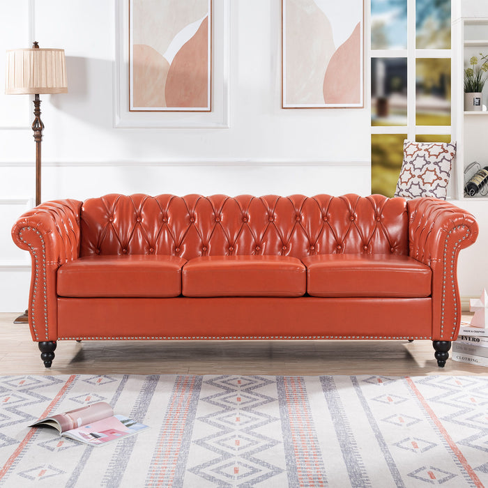 84.65" Rolled Arm Chesterfield 3 Seater Sofa - Orange