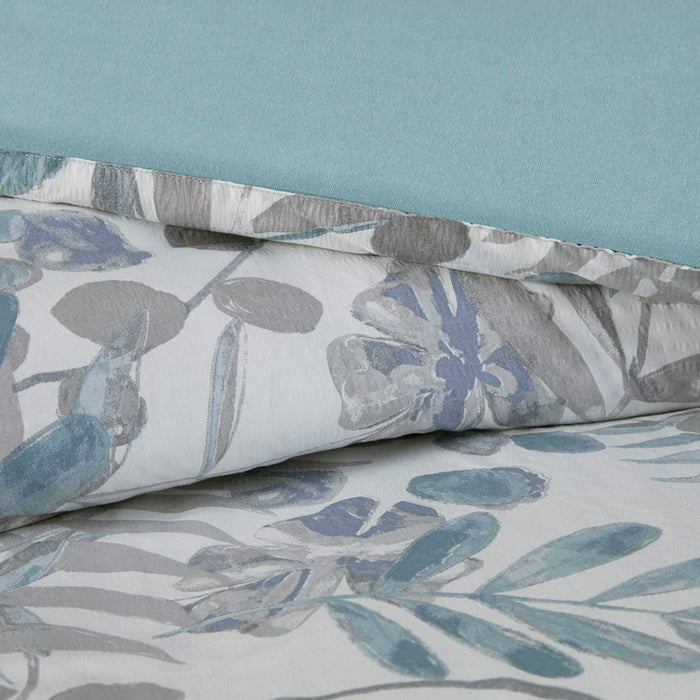 5 Piece Seersucker Comforter Set With Throw Pillows - Blue