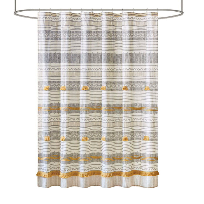 Cotton Stripe Printed Shower Curtain With Tassel - Gray / Yellow