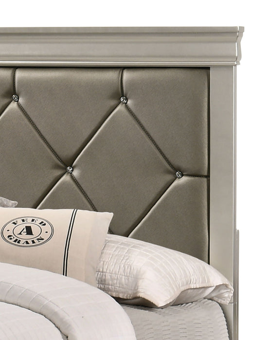 Modern 1 Piece Beige Champagne Finish Queen Size Panel Bed Wooden Crocodile Texture PU Upholstered Headboard Crystal-Like Button Tufted Fabric Bedroom Furniture