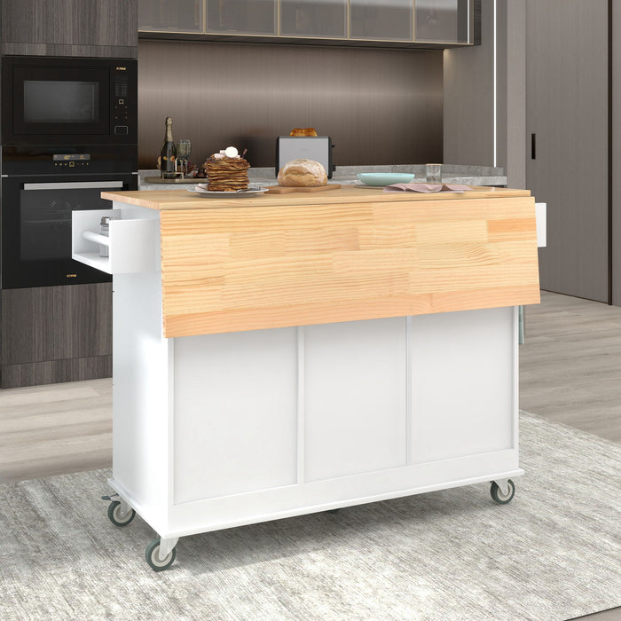 Rolling Mobile Kitchen Island With Solid Wood Top And Locking Wheels, 52. 7 Inch Width, Storage Cabinet And Drop Leaf Breakfast Bar, Spice Rack, Towel Rack & Drawer (White)