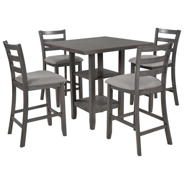 Trexm 5 Piece Wooden Counter Height Dining Set With Padded Chairs And Storage Shelving - (Gray)