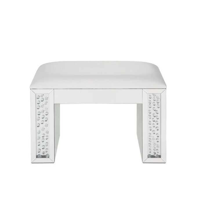 Nysa - Vanity Stool - Ivory PU, Mirrored & Faux Crystals Unique Piece Furniture