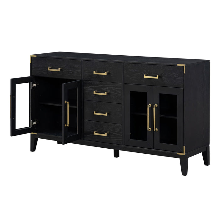 Trexm 6 Drawer And 2 - Cabinet Retro Sideboard With Extra Large Storage Space, With Gold Handles And Solid Wood Legs, For Kitchen And Living Room (Black)
