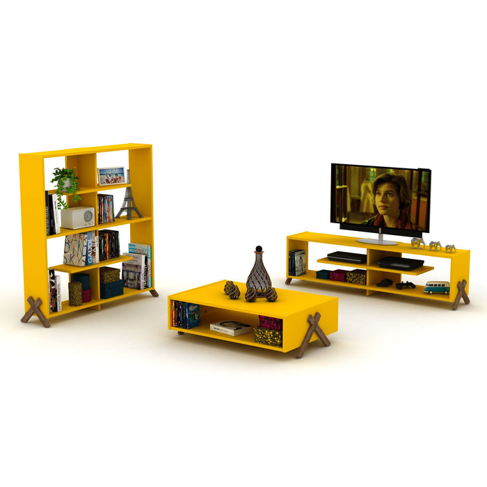 Ht Design Kipp Cross Legs Wooden Frame Rectengular Coffee Table For Living Rooms With Interior Shelving, Walnut/Yellow