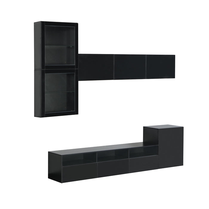 On-Trend High Gloss TV Stand With Ample Storage Space, Media Console For TVs Up To 75"es, Versatile Entertainment Center With Wall Mounted Floating Storage Cabinets For Living Room, Black