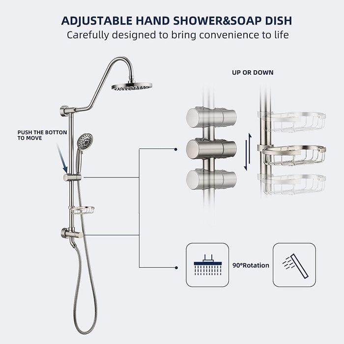 Shower System With Rain Showerhead, 5 Function Hand Shower, Adjustable Slide Bar And Soap Dish, Brushed Nickel Finish
