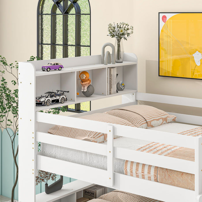 Full Over Full Bunk Beds With Bookcase Headboard, Safety Rail And Ladde - White